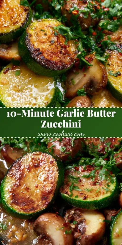Close-up of skillet zucchini and mushrooms in a cast iron pan with garlic butter and parsley. (skillet zucchini and mushrooms)