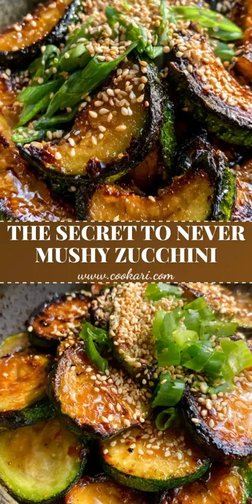 A rustic dark ceramic bowl filled with seared japanese zucchini half-moons, featuring charred edges, toasted sesame seeds, and fresh scallions.