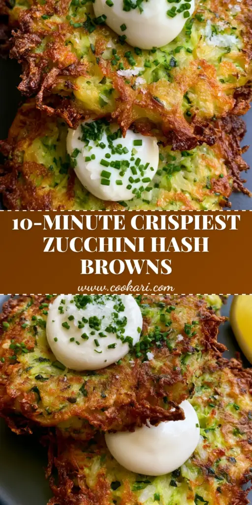 A stack of three ultra-crispy zucchini hash browns with golden parmesan crust, topped with Greek yogurt and chives. (Crispy Zucchini Hash Browns)