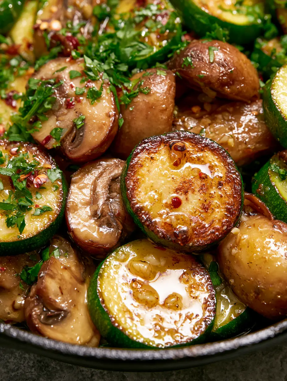 Macro shot of seared zucchini rounds with golden caramelized edges and browned mushrooms. (skillet zucchini and mushrooms)
