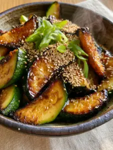 Close up of seared japanese zucchini half-moons in a dark bowl with steam rising and glossy soy glaze.