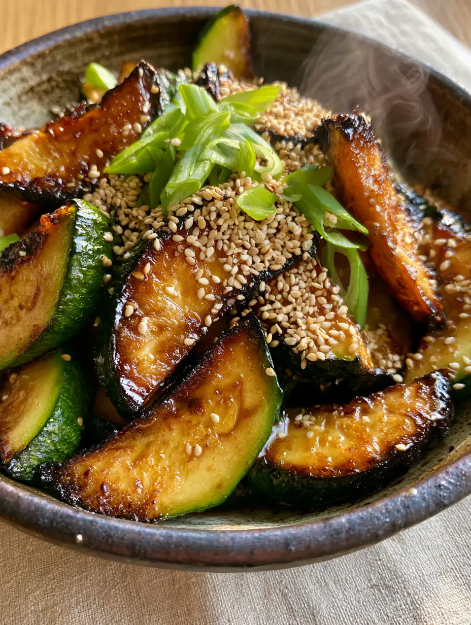 Close up of seared japanese zucchini half-moons in a dark bowl with steam rising and glossy soy glaze.