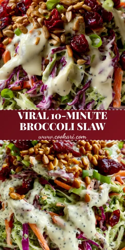 A vertical photo of Broccoli Slaw in a bowl with creamy dressing and cranberries, optimized for Pinterest.