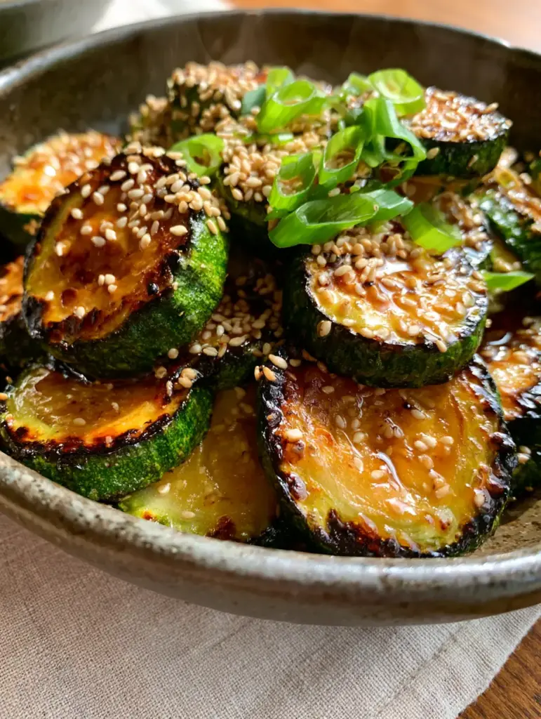 Overhead view of glistening japanese zucchini topped with white sesame seeds and scallions on a wooden surface.