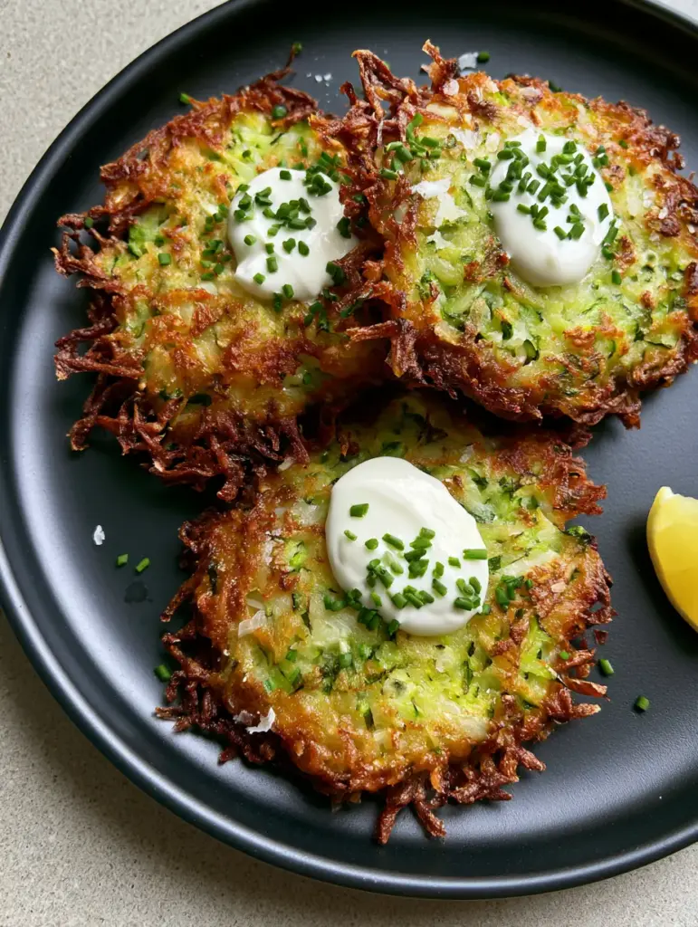 Stack of hash browns on a black plate with a lemon wedge and yogurt dollop. (Crispy Zucchini Hash Browns)