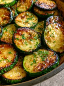 Macro photography of pan-seared zucchini slices with vibrant green skins and caramelized surfaces. (Courgettes poêlées)