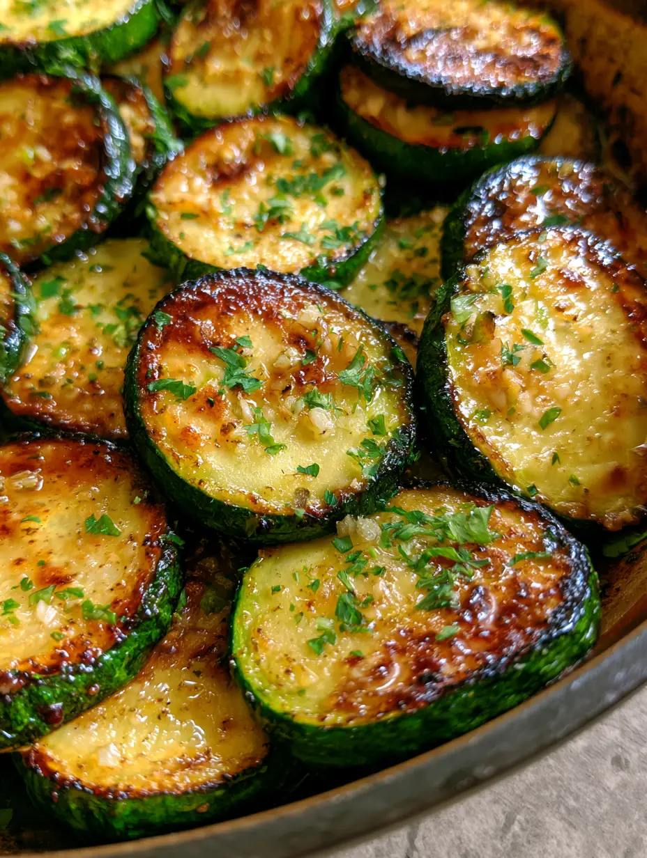 Macro photography of pan-seared zucchini slices with vibrant green skins and caramelized surfaces. (Courgettes poêlées)
