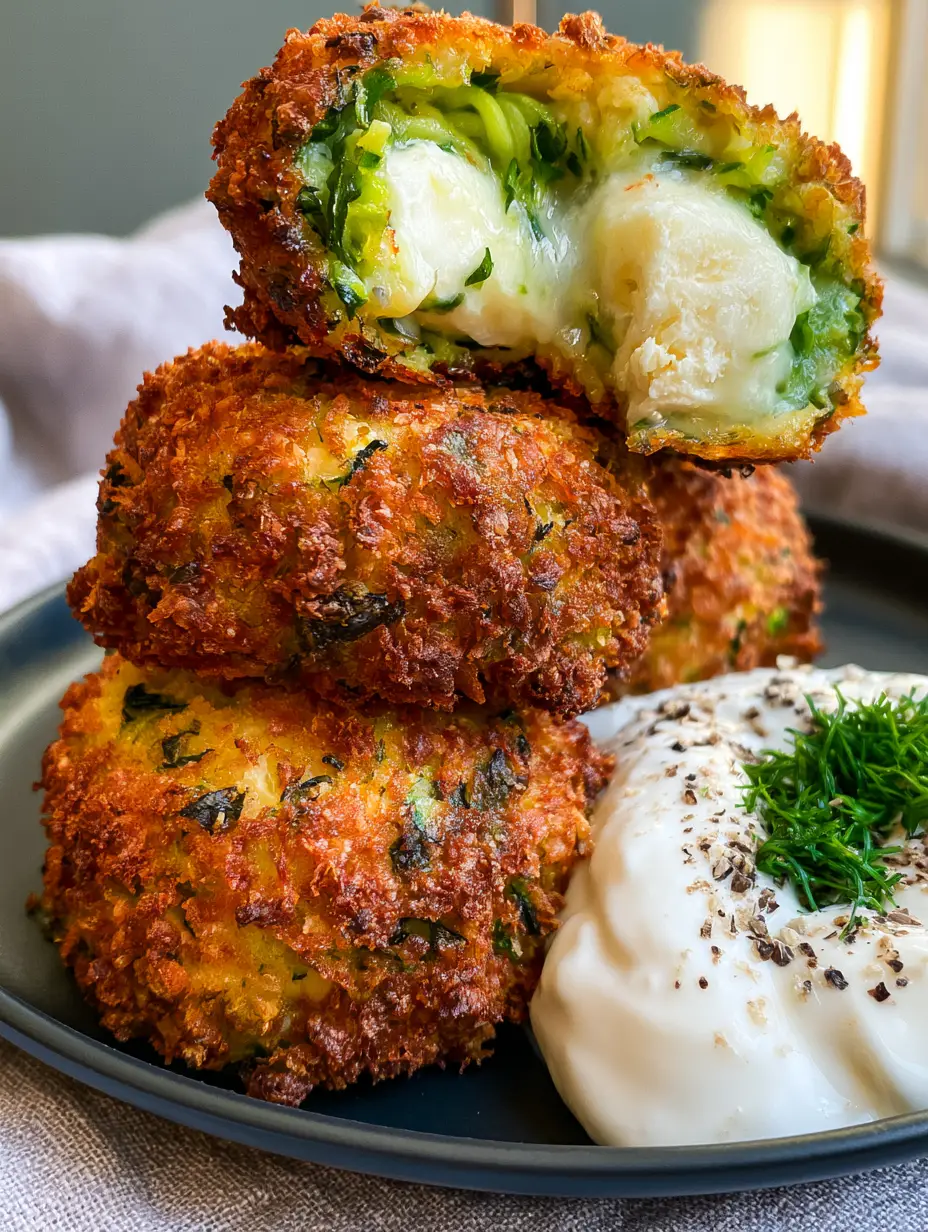 Extreme close-up of three stacked Zucchini Feta Balls showing a broken interior with steaming zucchini ribbons and melted feta.