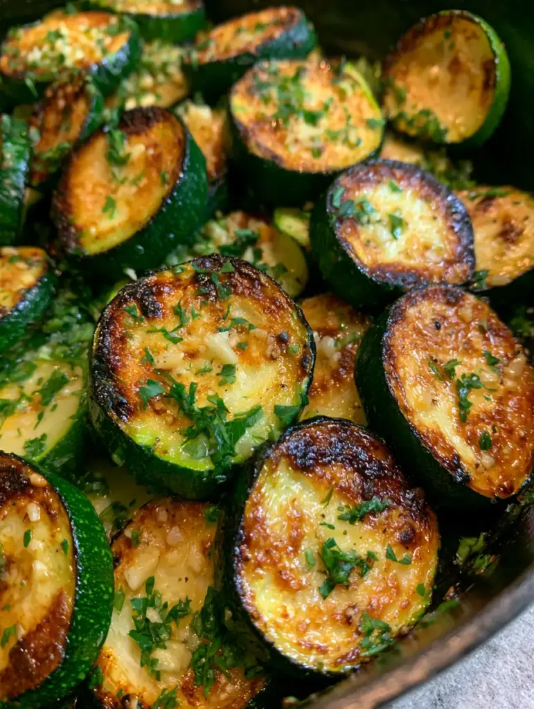 Depth-of-field shot of sautéed zucchini with visible garlic bits and herb flakes.