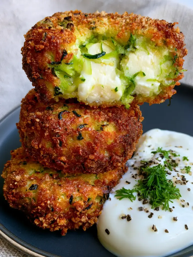 Zucchini Feta Balls served with a glossy Greek yogurt dip topped with fresh dill and cracked black pepper.