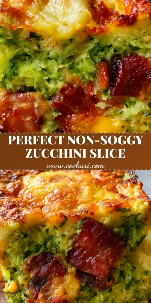 A thick square slice of zucchini and bacon slice with a golden-brown toasted cheese top and visible green zucchini ribbons.