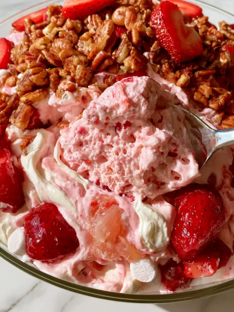 Macro eye-level shot of strawberry fluff salad showing the thick pastel pink swirls and matte white mini marshmallows.