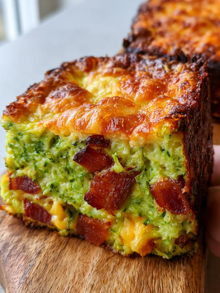 Macro close-up showing the interior texture of a zucchini and bacon slice with melted cheddar and crispy bacon chunks.
