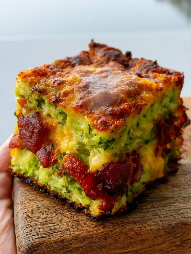 A handheld square slice of zucchini and bacon bake showing caramelized edges and rising steam.