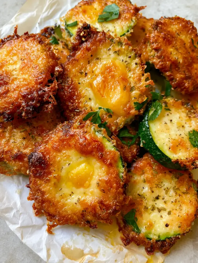 Extreme close-up of crispy parmesan zucchini rounds showing bubbly cheese texture and cracked black pepper specks.