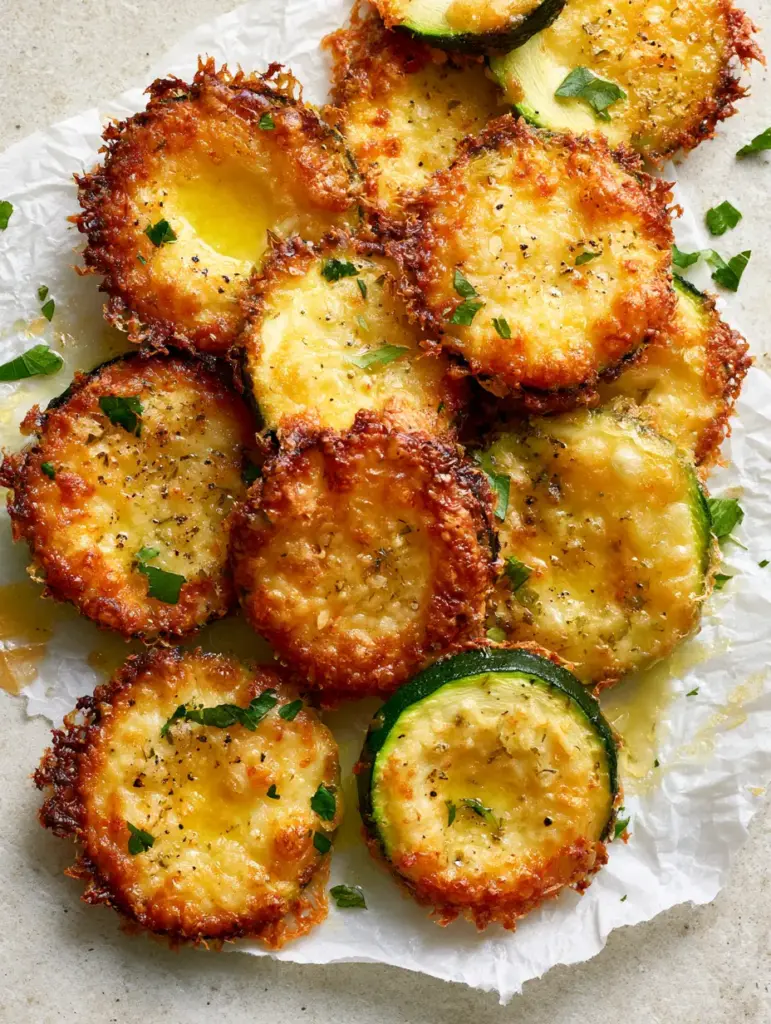 Crispy Parmesan Zucchini Rounds with Toasted Bubbly Crust 1 A cluster of toasted parmesan zucchini slices on oil-stained white parchment paper with scattered parsley.