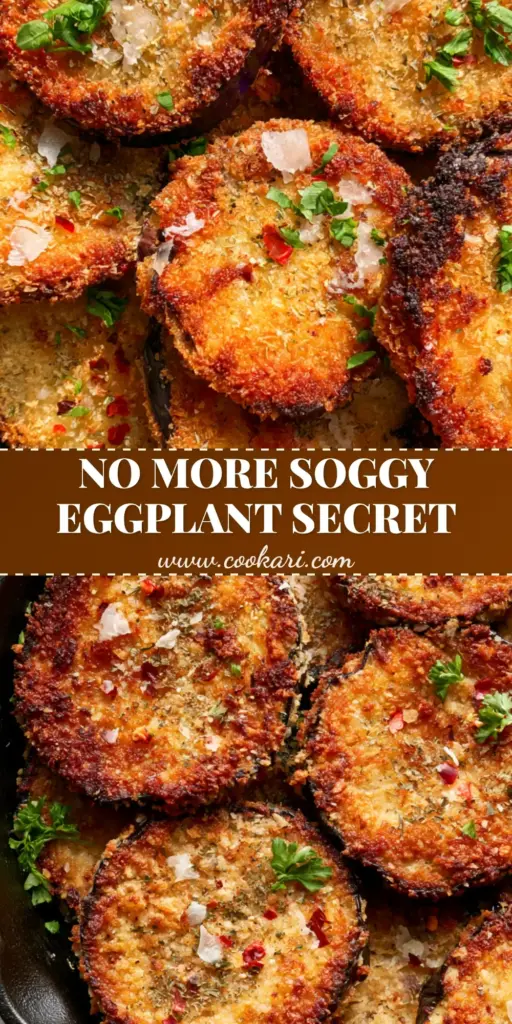A top-down macro shot of thick skillet fried eggplant slices in a cast iron skillet with golden Panko crust, parsley, and chili flakes.