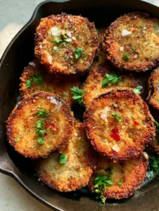 Macro view of golden-brown panko-breaded skillet fried eggplant slices in a black skillet on a concrete background.