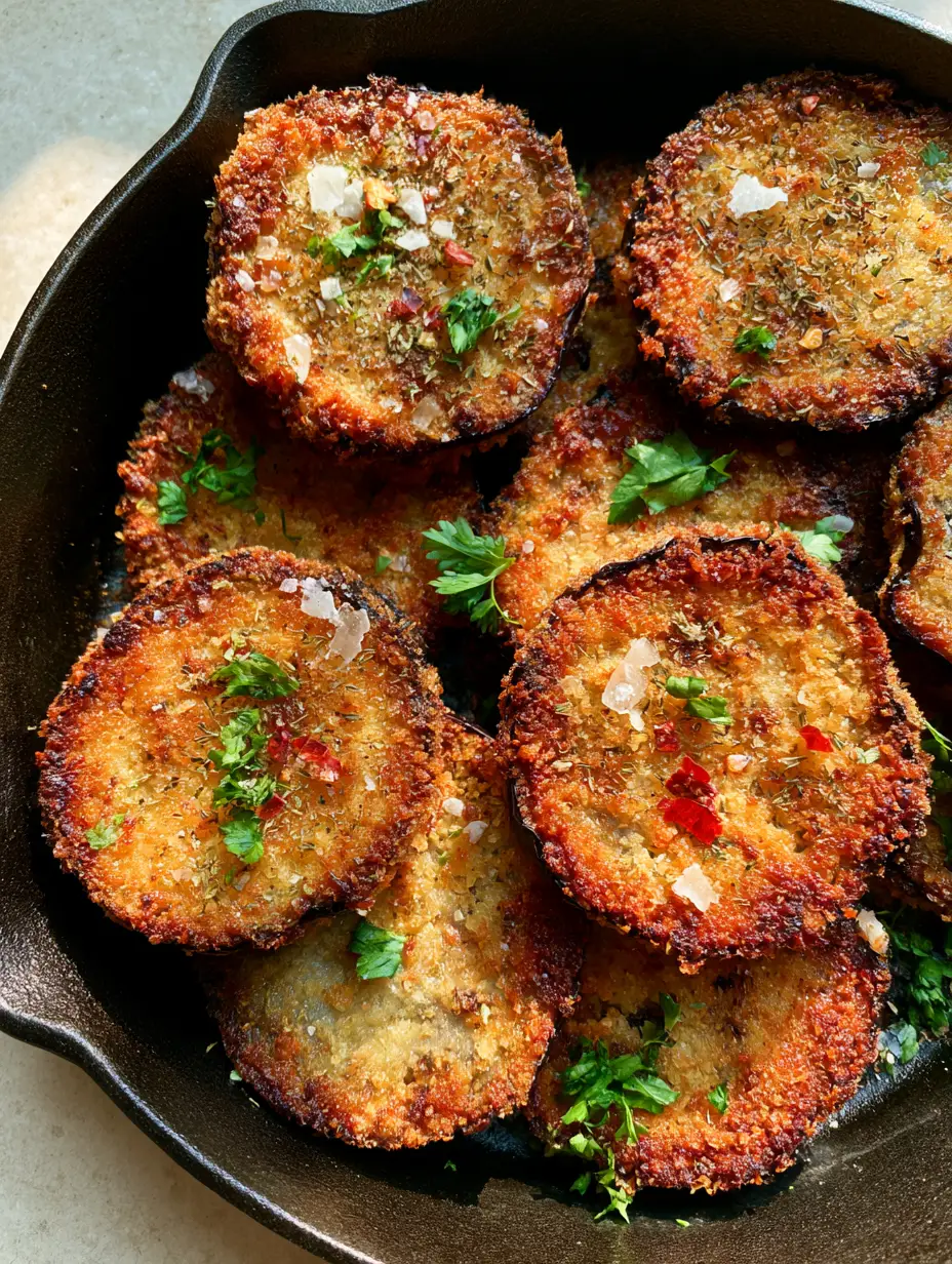 Macro view of golden-brown panko-breaded skillet fried eggplant slices in a black skillet on a concrete background.