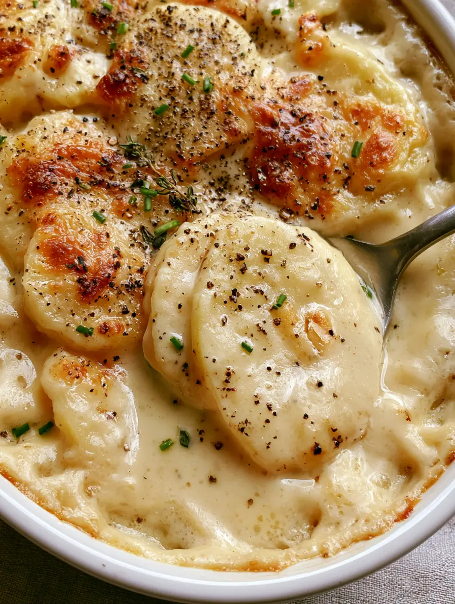 Slow Cooker Evaporated Milk Potatoes with a Golden Cheddar Crust 3 A handheld smartphone photo showing vertical and horizontal layers of slow cooker evaporated milk potatoes drenched in ivory sauce.