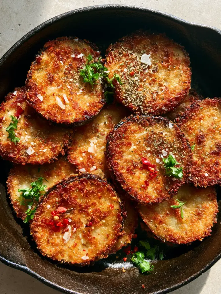 Top-down view of skillet fried eggplant rounds garnished with Maldon salt, Parmesan, and red chili flakes.