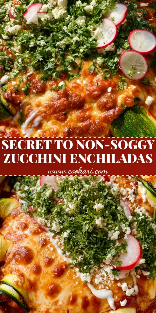 Zucchini Enchilada Roll Ups with Shredded Chicken and Lime Crema 4 A white ceramic baking dish filled with charred Zucchini Enchilada Roll Ups, topped with bubbling cheese, red sauce, and fresh cilantro garnish.