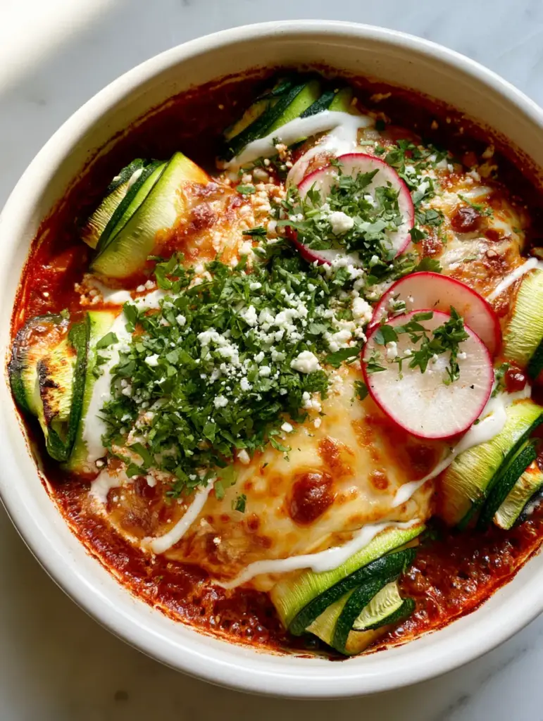 Zucchini Enchilada Roll Ups with Shredded Chicken and Lime Crema 1 Zucchini Enchilada Roll Ups in a baking dish showing the contrast of vibrant green charred ribbons and deep red sauce.