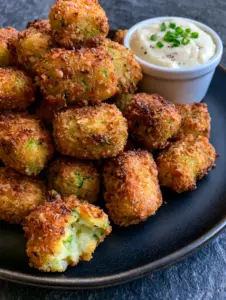 Macro shot of air fryer zucchini tots showing the craggy, toasted panko and parmesan texture.