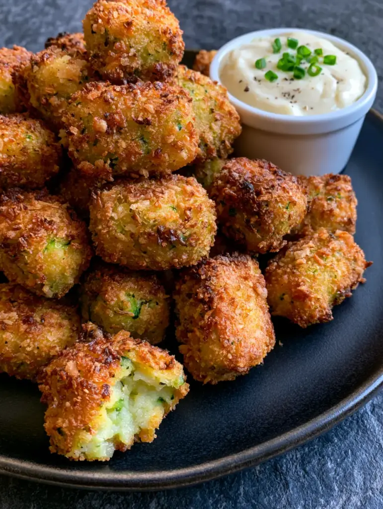 Air Fryer Zucchini Tots with Crispy Parmesan Panko Crust 2 Macro shot of air fryer zucchini tots showing the craggy, toasted panko and parmesan texture.