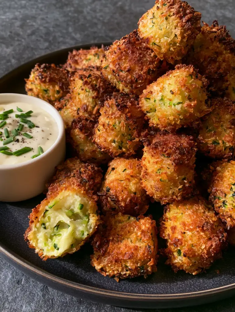 Air Fryer Zucchini Tots with Crispy Parmesan Panko Crust 1 One air fryer zucchini tot split open to reveal a steaming, tender green interior.