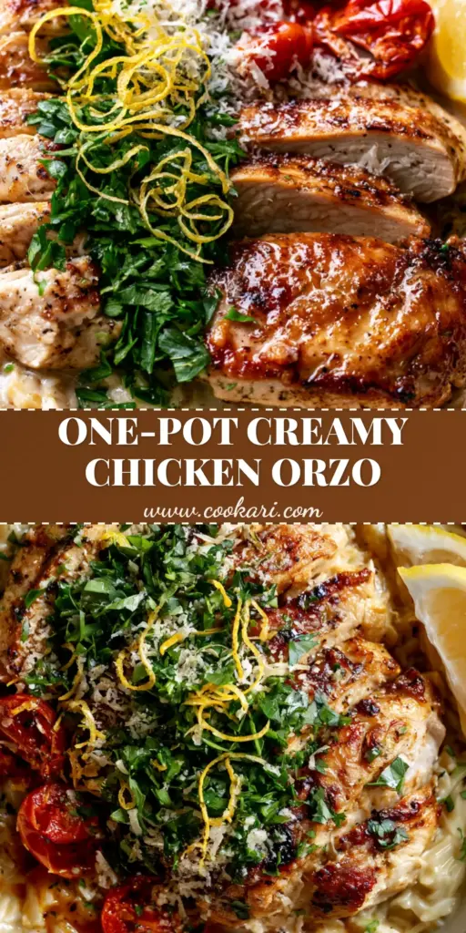 Chicken Orzo Pasta Recipe with Creamy Lemon Garlic Sauce and Blistered Tomatoes 4 A close-up vertical shot of Chicken Orzo Pasta Recipe in a cream skillet with seared chicken and parsley. (Chicken Orzo Pasta Recipe)