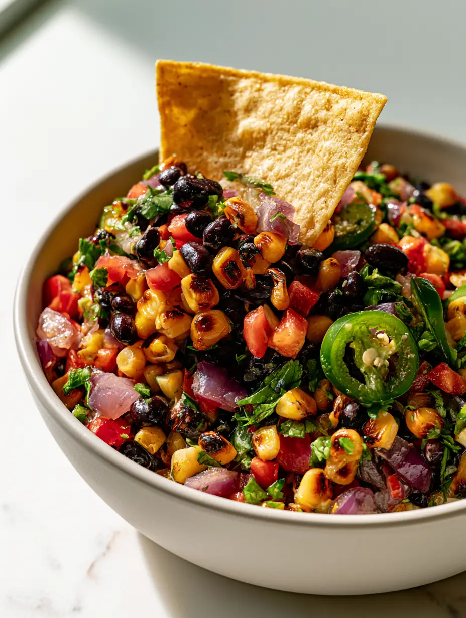 Close-up of a tortilla chip scooping vibrant corn and bean salsa with charred edges. (corn and bean salsa)