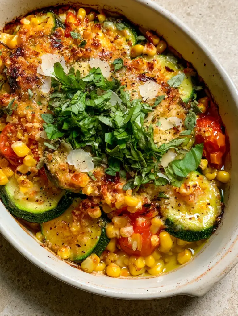 A rustic ceramic baking dish showcasing the melted golden parmesan crust and fresh basil ribbons on a Zucchini Corn Tomato Bake.