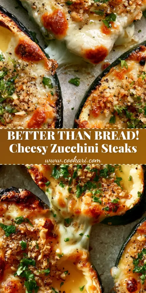 A stack of thick Cheesy Garlic Zucchini Steaks with a visible cheese pull and golden parmesan crust.
