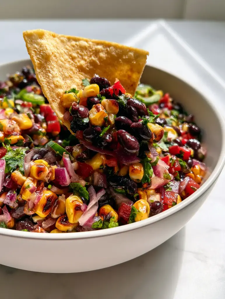A professional flat lay of corn and bean salsa in a matte bowl on a marble surface.