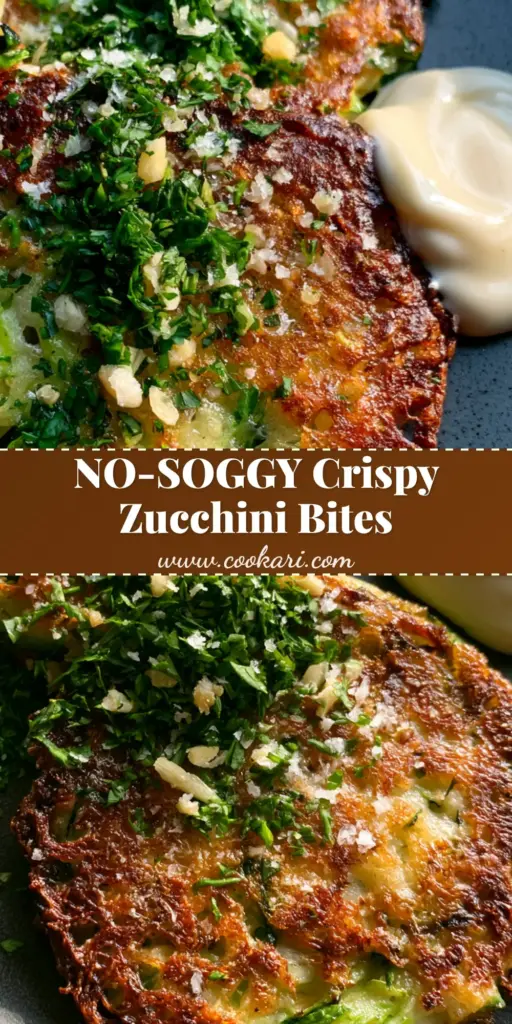 A close-up of crispy golden-brown zucchini garlic bites with a lacy parmesan crust and a side of white aioli. (Zucchini Garlic Bites recipe)