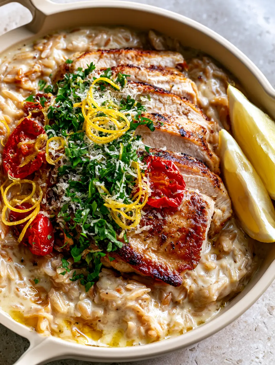 Chicken Orzo Pasta Recipe with Creamy Lemon Garlic Sauce and Blistered Tomatoes 3 Top-down macro shot of Chicken Orzo Pasta Recipe showing glossy sauce and caramelized chicken edges. (Chicken Orzo Pasta Recipe)