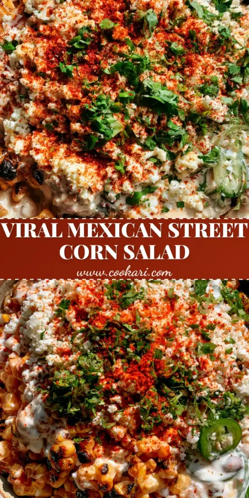 A handheld top-down photo of Mexican street corn salad in a rustic ceramic bowl featuring charred kernels and creamy dressing.