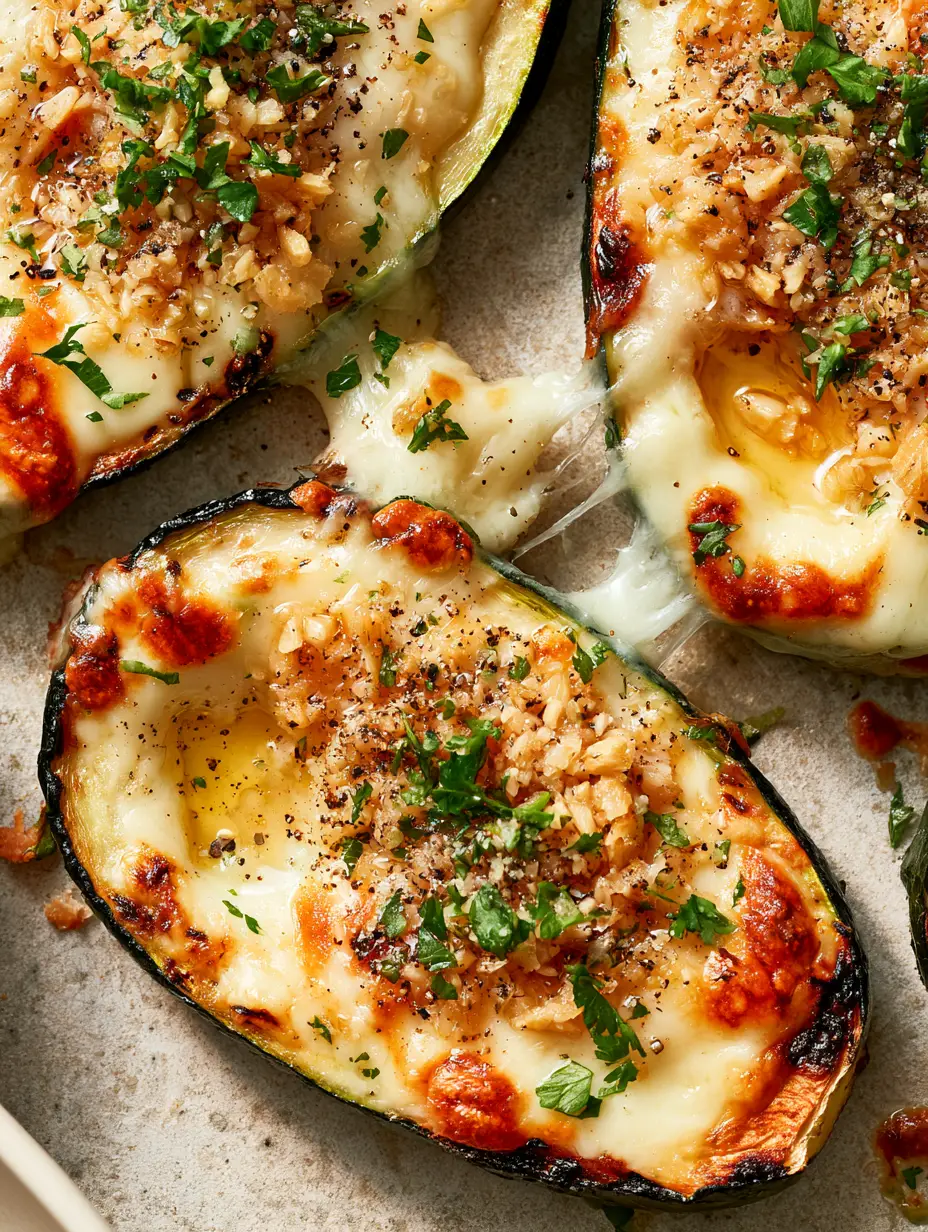 Close-up of roasted zucchini steaks smothered in melted bubbling mozzarella and minced roasted garlic. (Cheesy Garlic Zucchini Steaks)