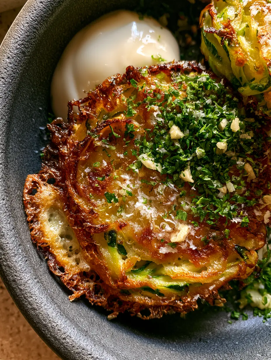 Top-down macro view of pan-seared zucchini patties with visible green strands and toasted cheese edges. (Zucchini Garlic Bites recipe)
