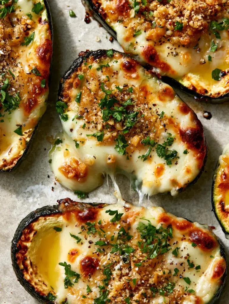 Top-down view of Cheesy Garlic Zucchini Steaks showing a dense dusting of parsley and cracked black pepper.