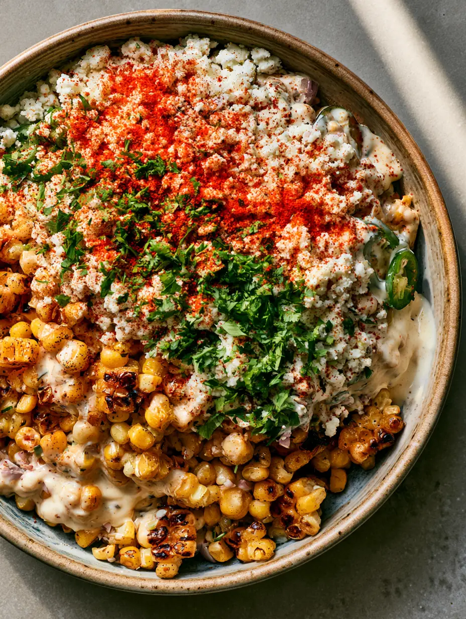 Vibrant Mexican street corn salad with deep brown grill marks, white crema, and bright red paprika dusting.