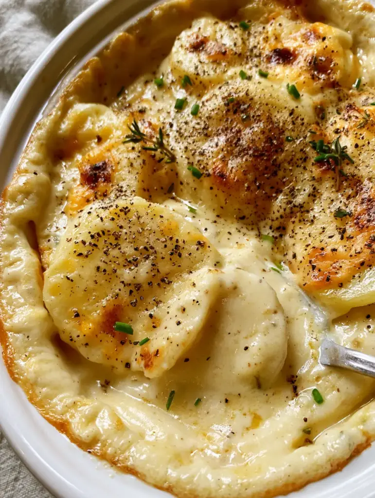 Slow Cooker Evaporated Milk Potatoes with a Golden Cheddar Crust 1 Extreme close-up of a silver spoon lifting a slice of potato from a glossy, toasted white cheddar topping.