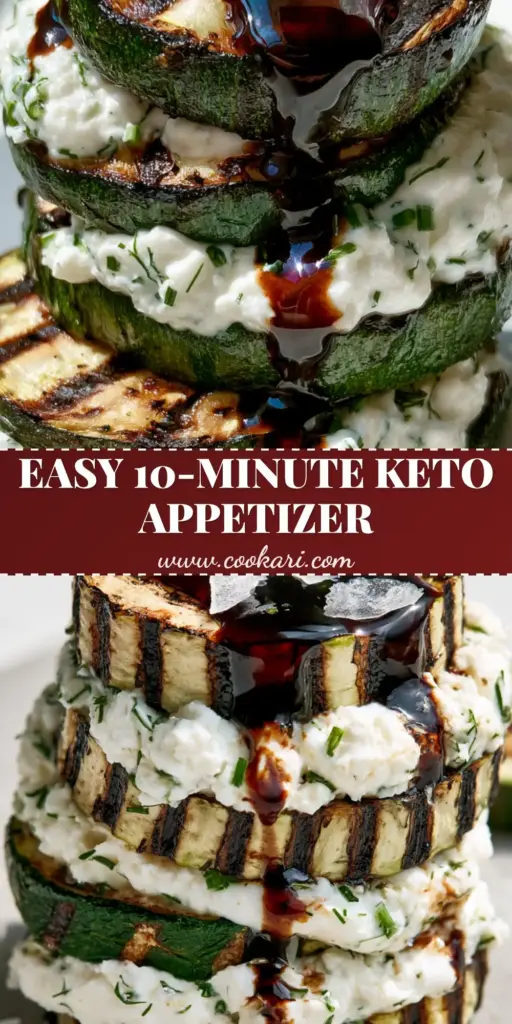Zucchini and Goat Cheese Stack with Balsamic Glaze and Fresh Herbs 3 A professional vertical stack of three char-grilled zucchini rounds with layers of whipped herbed goat cheese, drizzled with mahogany balsamic glaze. (Zucchini and Goat Cheese Stack)