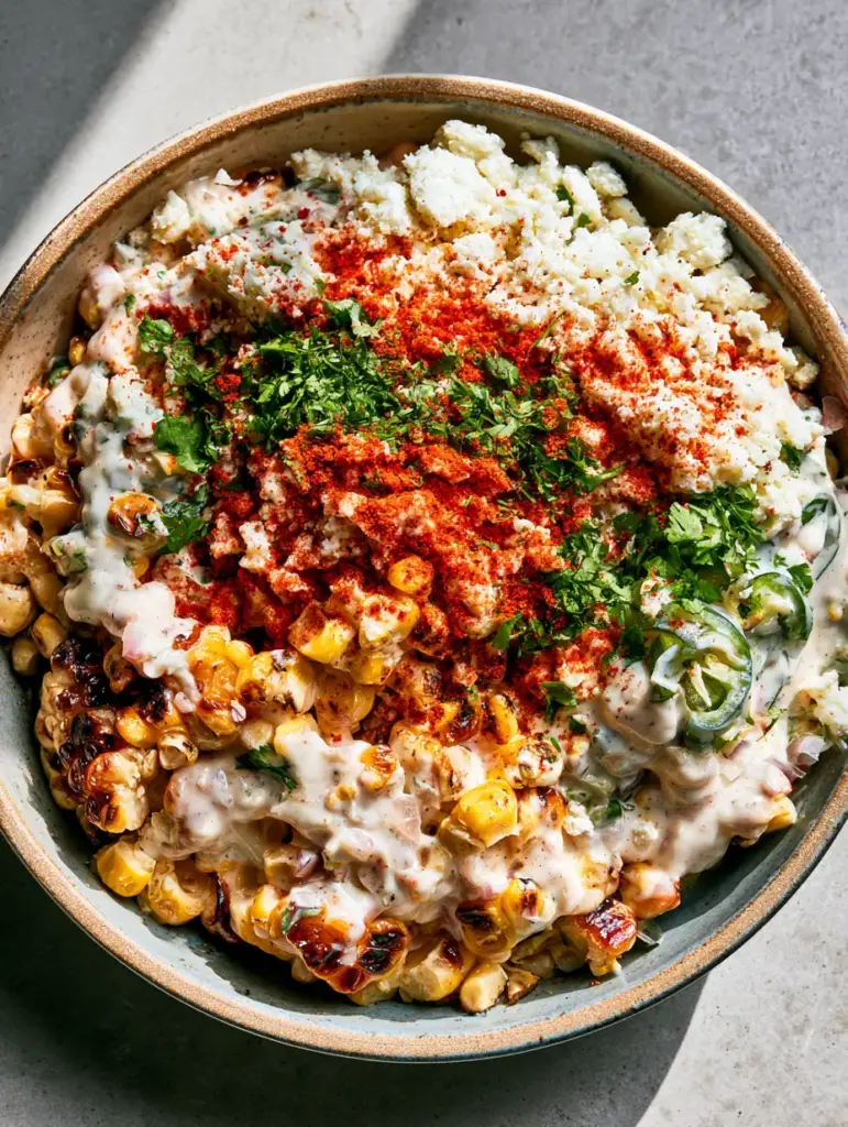 A shallow rustic bowl filled with Mexican street corn topped with cotija cheese, cilantro, and translucent jalapeno slices.