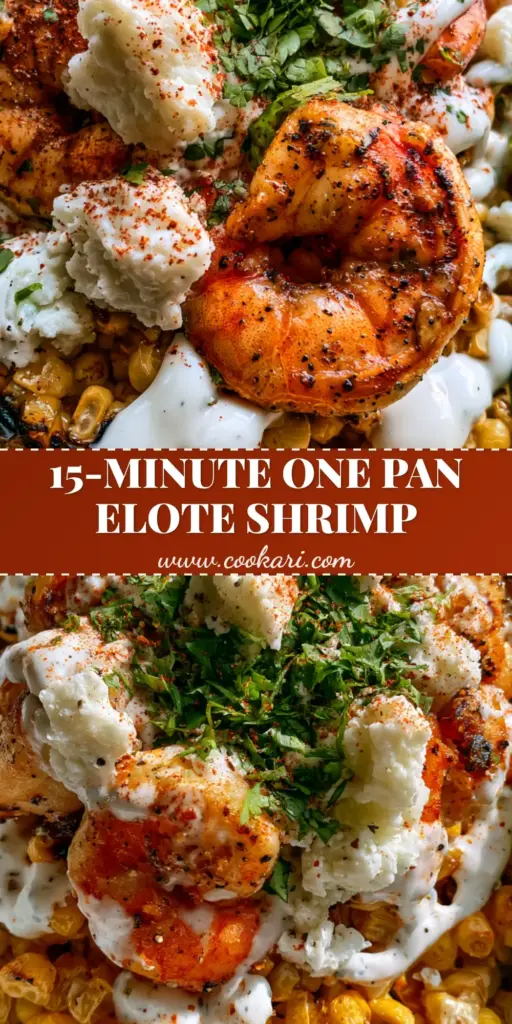 An overhead macro shot of Mexican Street Corn and Shrimp in a white bowl with charred corn, paprika-crusted shrimp, crema drizzle, and lime wedges.