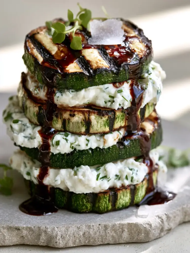 Zucchini and Goat Cheese Stack with Balsamic Glaze and Fresh Herbs 2 Extreme macro close-up of a Zucchini and Goat Cheese Stack showing the creamy texture and dark grill marks. (Zucchini and Goat Cheese Stack)