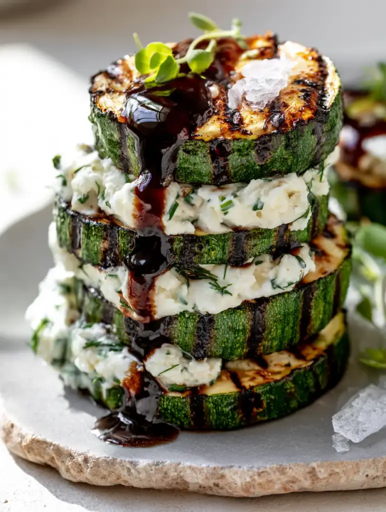 Zucchini and Goat Cheese Stack with Balsamic Glaze and Fresh Herbs 1 Side view of a three-tier Zucchini and Goat Cheese Stack with balsamic reduction pooling on a gray stone plate.