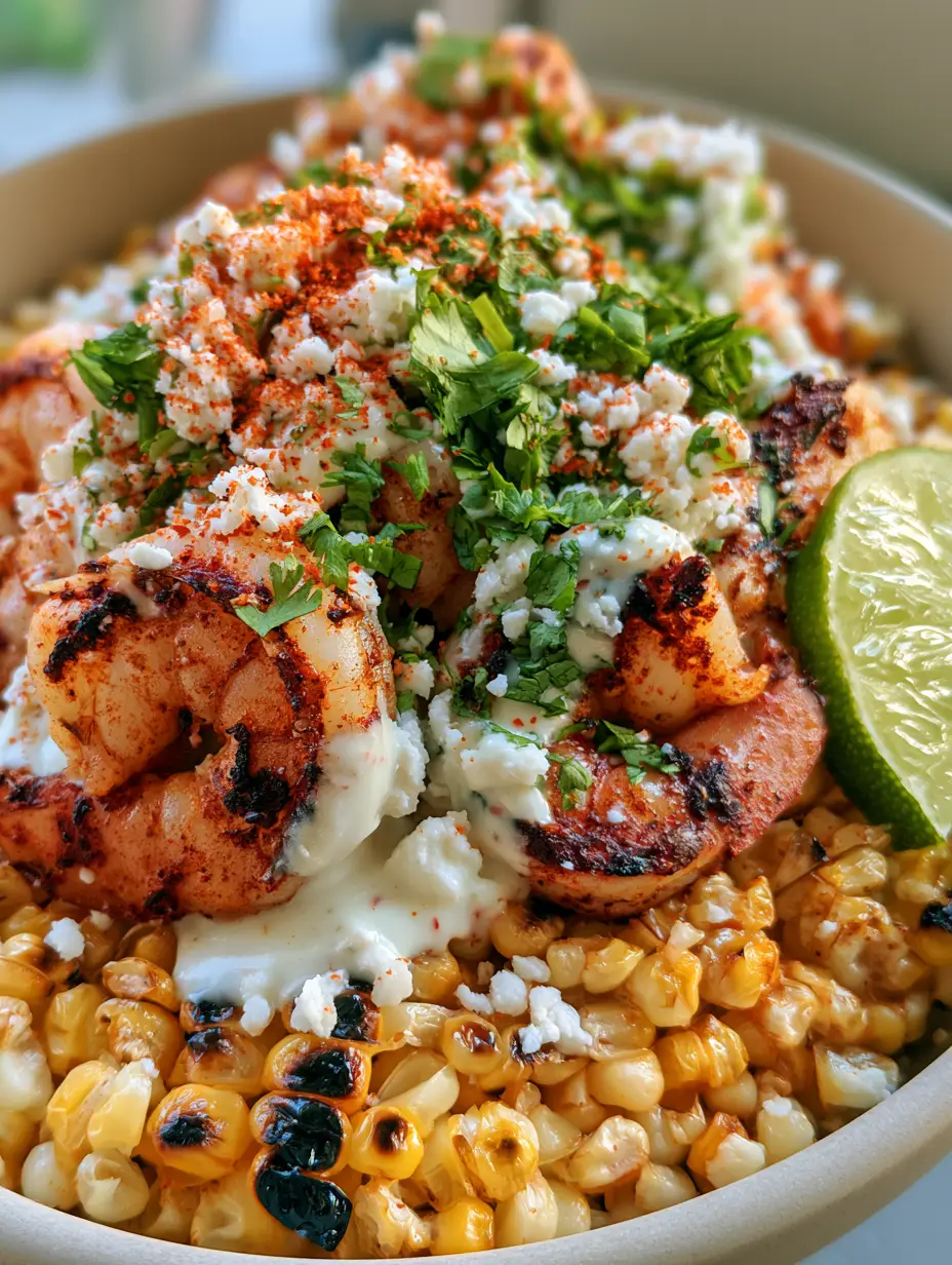 Close up of seared jumbo shrimp with a vibrant paprika crust resting on a bed of charred sweet corn kernels.