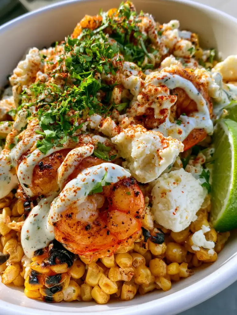 Top view of Mexican Street Corn and Shrimp showing thick white crema drizzles, chunky cotija cheese, and fresh cilantro garnish.